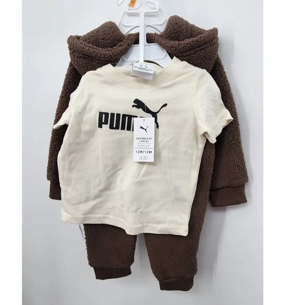 New NWT Puma Baby 3-Piece Sherpa Zip Up Hoodie Set‎ Chocolate Brown 12 Months - Picture 2 of 6